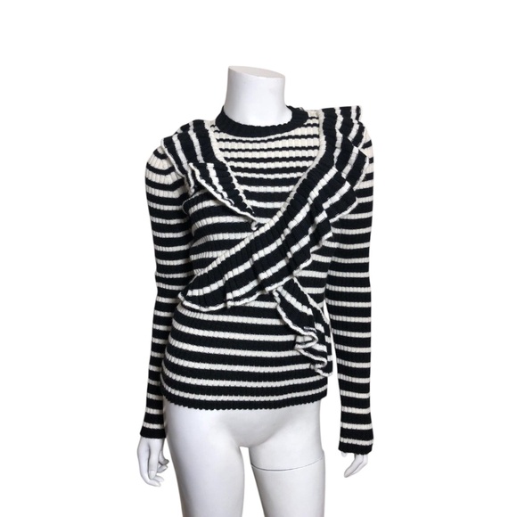 MSGM Milano Ruffled Stripe Ribbed Sweater in Black and Cream Size XS